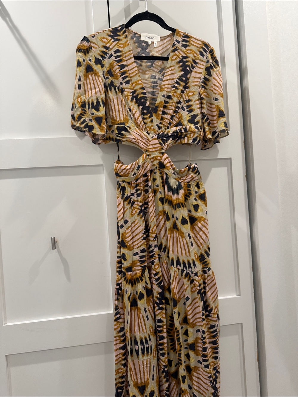 ba&sh Printed Cutout Maxi Dress in Mustard, Blush & Black